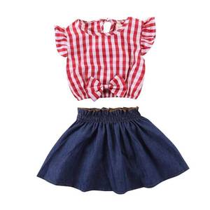lot 1763 image: Kig Big Girls Red Plaid Outfits Ruffled Sleeve Crop Top Shirts with Bowknot Tutu Denim Skirt Dress Tow Piece Clothes (Plaid,8-9 Years)