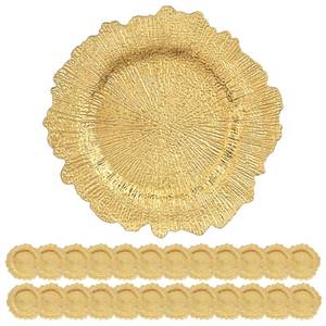 lot 1766 image: YJYQHYX 24 Pack Gold Charger Plates Bulk, 13 Plastic Reef Chargers for Dinner Plates, Round Charger Plate with Floral Reef Design for Dinner Wedding Party Table Setting Decoration, Retail $57