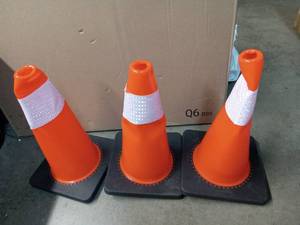 lot 1923 image: 3PACK Safety Cones Orange PVC Traffic Cone with Weighted Base for Parking 18inches Flexible Durable Stable Reflective Honeycomb Surface Ideal for Outdoor Use Retail- $44