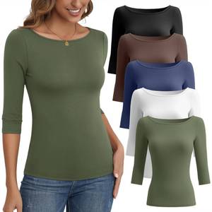 lot 1949 image: Ficerd 5 Pack 34 Sleeve Tops for Women Tight Boat Neck T Shirts Slim Fit Three Quarter Sleeve Tees Basic Casual Tops(Black, Coffee, Gray Blue, White, Army Green,X-Large)