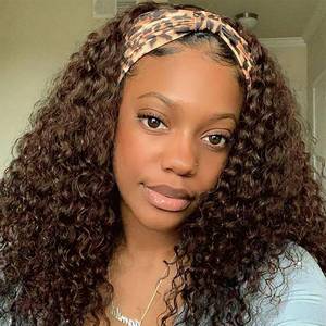lot 1951 image: Aiterina Headband Wig Human Hair Headband Wig Deep Wave Human Hair Wigs for Black Women Glueless Human Hair Wigs Machine Made 150% Density No Lace Deep Headband Wig Chocolate Brown 12 inch
