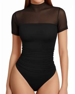 lot 1952 image: MANGOPOP Womens Sheer Mesh Short Sleeve Bodysuit Mock Turtle Neck Sexy Slimming Body Suits Ruched Going Out Summer Tops Black X-Large