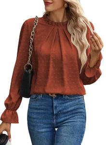 lot 1962 image: Spriolim Womens Ruffle Casual Top Swiss Dot Crewneck Shirt Long Sleeve Loose Pleated Blouses Dark Orange, X-Large