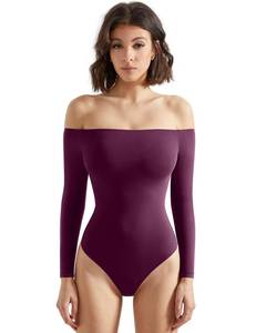 lot 1973 image: SUUKSESS Women Off the Shoulder Long Sleeve Bodysuit Top Double Lined Sexy Thong Bodysuits Shirts (Violet,M)