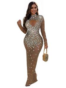lot 1985 image: Figdaw Sequin Formal Gowns Elegant Evening Dresses for Women 2024 2025,Sexy Long Rhinestone Sparkly Prom Dress,Tan,XXL