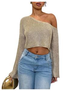 lot 1986 image: MakeMeChic Womens Sparkly Tops Off The Shoulder Sweaters Long Sleeve Cropped Sweater Party Crop Tops Apricot Small