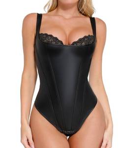 lot 1998 image: Popilush Bodysuit for Women Tummy Control Shapewear Faux Leather Corset Tops Thong Body Suits for Womens Small