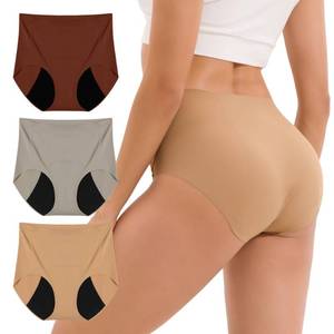 lot 2033 image: INNERSY Lightweight Period Underwear for Women Silky Seamless High Waisted Panties 3-Pack(Medium, Khaki Noir)