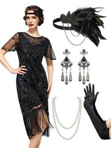lot 2044 image: SWEETV Womens 1920s Flapper Dress,Crew Neck Great Gatsby Fringe Dresses with Sleeve Roaring Costumes for FormalPartyPromClubWedding,Black Colorful,XXXL