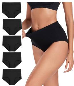 lot 2046 image: wirarpa Womens Cotton Underwear High Waist Stretch Briefs Soft Underpants Ladies Full Coverage Panties 5 Pack Dark Black Medium