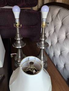 lot 28 image: Pewter Table Lamps with White Shades