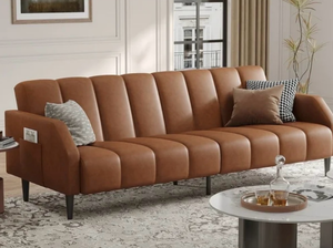 lot 34655 image: Faux Leather Couch, Convertible Futon Sofa Bed with Adjustable Backrest, Mid Century Leather Sofa Loveseat with Side Pockets& Metal Leg, Modern Leather Sleeper sofa for Living Room Bedroom - Retail $319