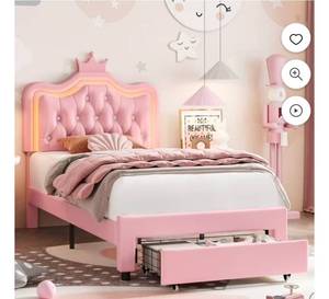 lot 34658 image: Homfa Twin Size Bed, LED Upholstered Bed with Adjustable Crystal Button Tufted Crown Headboard, Soft PU Princess Platform Bed Frame with Storage Drawer, Pink - Retail $289