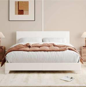 lot 34661 image: Allewie Queen Size Bed Frame with Adjustable Headboard, Faux Leather Platform Bed with Wood Slats, Heavy Duty Mattress Foundation, No Box Spring Needed, Noise-Free, Easy Assembly, White - Retail $127