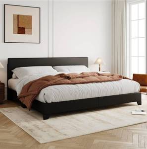 lot 34662 image: Allewie King Size Bed Frame with Adjustable Headboard, Faux Leather Platform Bed with Wood Slats, Heavy Duty Mattress Foundation, No Box Spring Needed, Noise-Free, Easy Assembly, Black - Retail $189