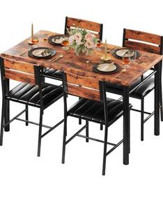 lot 34663 image: IRONCK Dining Table Set for 4, Wood Kitchen Table with Upholstered Chairs for Kitchen Room and Small Spaces, Rustic Brown  - Retail $189