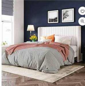lot 34664 image: Allewie Full Size Velvet Bed FrameVertical Channel Tufted Wingback HeadboardUpholstered Platform BedStrong Wooden SlatsNo Box Spring NeededEasy AssemblyWhite - Retail $189