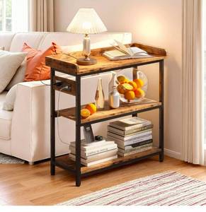 lot 34668 image: Console Table, Farmhouse Sofa Table with Power Outlet, Narrow Entryway Table with Adjustable Shelf, Rustic Brown - Retail $0