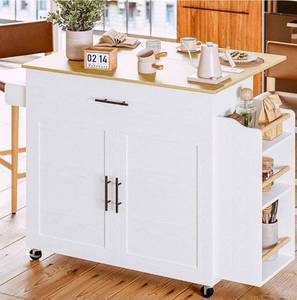 lot 34669 image: IRONCK Kitchen Island with Storage, Rolling Kitchen Island on Wheels with Drop Leaf, 3 Open Spice Rack Shelf, Door Cabinet, Drawer, Kitchen Cart Island Table for Kitchen, White - Retail $143