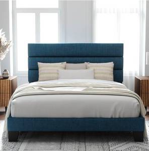 lot 34671 image: Allewie Full Size Platform Bed Frame with Fabric Upholstered Headboard and Wooden Slats Support, Fully Upholstered Mattress FoundationNo Box Spring NeededEasy Assembly, Navy Blue - Retail $171