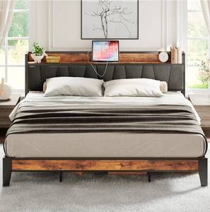 lot 34674 image: LIKIMIO King Size Bed Frame, Storage Headboard with Charging Station, Solid and Stable, Noise Free, No Box Spring Needed, Easy Assembly - Retail $249