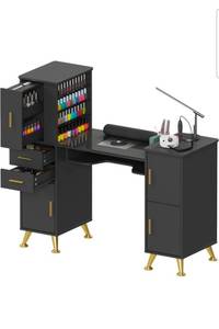 lot 34676 image: Kikihouse Manicure Table Nail Desk with Glass Top & Wrist Rest, Nail Station with Dust Collector & 4 Dust Bags, Beauty Salon Workstation with Storage Drawers & Cabinet (Black) - Retail $189