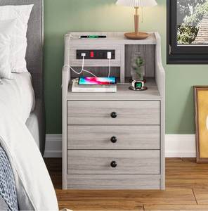 lot 34677 image: ADORNEVE Nightstand with Charging Station, Night Stand with Hutch & Storage Drawers, End Table Side Table Bedroom,Grey - Retail $0
