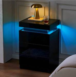 lot 34678 image: CLIPOP Modern Nightstand, LED Night Stand with 3 High Gloss Chest of Drawers, Bedside Table Cabinet with Remote Control Lights, Wood Matte Nightstand 21.6 Tall Bedroom Furniture, Black - Retail $99