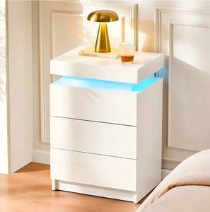 lot 34681 image: CLIPOP Modern Nightstand, LED Night Stand with 3 High Gloss Chest of Drawers, Bedside Table Cabinet with Remote Control Lights, Wood Matte Nightstand 21.6 Tall Bedroom Furniture, White - Retail $0