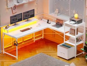 lot 34683 image: White L Shaped Desk with Fabric Drawer, Reversible 51�� Corner Desk with Storage Shelves, L Shaped Gaming Table with LED Strip, Power Outlet and Monitor Shelf for Home Office - Retail $0