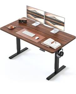 lot 34686 image: BANTI 55 � 24 Inches Standing Desk, Ergonomic, Electric Height Adjustable, Sit and Stand Up, Computer Office Desk with Splice Board, Black FrameBlack Walnut Top - Retail $149