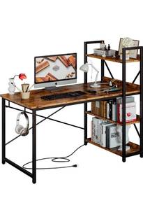 lot 34687 image: IRONCK Computer Desk 47 with Power Outlet and Storage Shelves, Study Writing Table with USB Ports Charging Station, PC Desk Workstation for Home Office, Rustic Brown - Retail $0