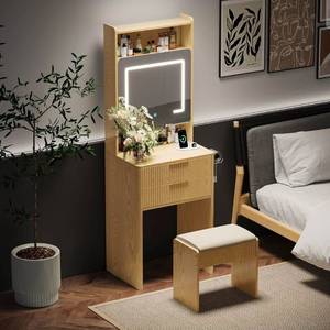 lot 34689 image: Oxirth 3 in 1 Vanity, Make up Vanity Desk with Mirror and Lights, Vanity Desk with Drawers and Storage, Modern Dressers for Bedroom, Wooden Dressing Table with Stool, 21.65x15.74x62.79 in - Retail $169