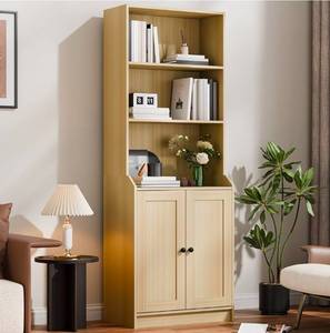 lot 34690 image: holzart 75 Tall Bookcase with Doors, 5 Tier Large Bookshelf with Cabinet, Standing Wood Display Book Shelf for Living Room, Office, Library with Doors, Oak - Retail $169