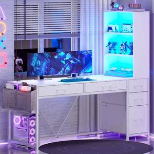 lot 34691 image: SEDETA Computer Desk with 5 Drawers and Bookshelf, Reversible Home Office Desk with Storage Shelves and File Drawer, Gaming Desk with LED Lights for Small Spaces, White - Retail $0