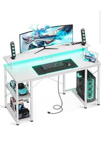 lot 34692 image: 48 inch Gaming Desk with LED Lights & Power Outlets, Computer Desk with Monitor Stand & Storage Sheves, CPU Stand, Home Office Desk, White - Retail $119