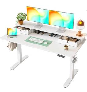 lot 34693 image: Standing Desk with Two Drawers, Stand Up Standing Desk Adjustable Height, Electric Sit Stand Table with Storage Shelf and Splice Board, 55  24 inch, White - Retail $219