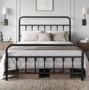 lot 34694 image: Classic Metal Platform Bed Frame Mattress Foundation with Victorian Style Iron-Art HeadboardFootboardUnder Bed StorageNo Box Spring NeededFull Size Black - Retail $139