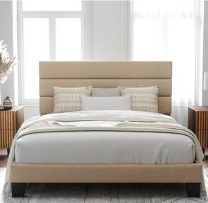 lot 34695 image: Allewie Full Size Platform Bed Frame with Fabric Upholstered Headboard and Wooden Slats Support, Fully Upholstered Mattress FoundationNo Box Spring NeededEasy Assembly, Beige - Retail $199