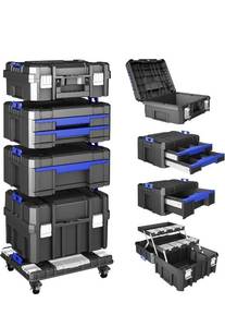 lot 34697 image: 4 Tier Stackable Rolling Tool Box with Wheels  Modular Tool Organizer Box Storage System  Portable Tool Box with Drawers  Tough and Durable  for Garage Storage  Home Repairs  Professional Work - Retail $149