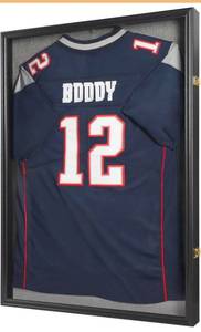 lot 34698 image: Large Jersey Frame Display Case Lockable, Sport Jersey Shadow Box with 98% UV Protection Acrylic and Hanger for Baseball Basketball Football Soccer Hockey Sport Shirt and Uniform, Black - Retail $119