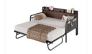 lot 34706 image: LIKIMIO Twin Daybed with Trundle Bed, Storage Headboard with Charging Station, Sofa Day Bed with Strong Supports for Living Room, Bedroom, and Guest Room, Dark Brown - Retail $299