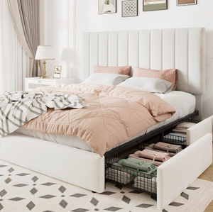 lot 34708 image: Allewie Queen Size Storage Bed Frame, Vertical Channel Tufted Adjustable Headboard, Velvet Upholstered Platform Bed with 4 Oversized Underbed Drawers, Wooden Slats Support, No Box Spring Needed, White - Retail $269