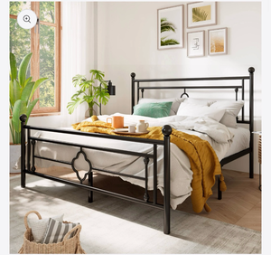 lot 34709 image: Sha Cerlin Metal Platform Bed Frame with Victorian Vintage Headboard Queen - Retail $239