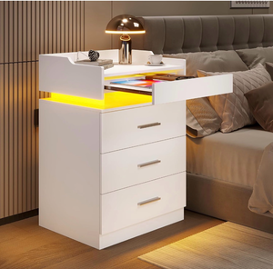 lot 34714 image: LED Nightstand with Charging Station,Night Stand with Pull-Out Shelf,Bedside Table with Drawers,Modern End Table Side Table Storage Cabniet,White - Retail $69