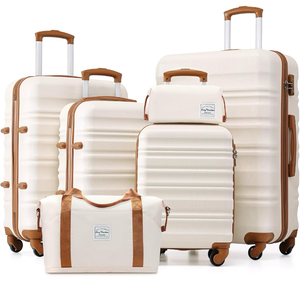 lot 34716 image: LONG VACATION 6 Piece Luggage Set Carry on Suitcase with ABSPC hardshell, Spinner Wheels & YKK Zipper TSA Lock (BEIGE-BROWN, 6 piece set) - Retail $199