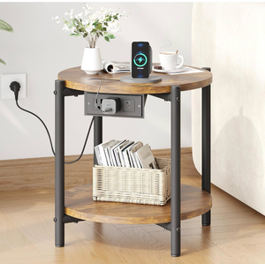 lot 34719 image: LIKIMIO Round End Tables, 16 W Small Round Side Tables with Charging Station, 2-Tier Modern Nightstands for Small Spaces, Living Room, Bedroom, Rustic Brown - Retail $0