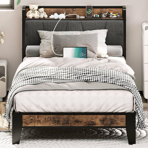 lot 34720 image: LIKIMIO Twin Bed Frames, Storage Headboard with Charging Station, Solid and Stable, Noise Free, No Box Spring Needed, Easy Assembly - Retail $112