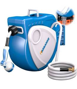 lot 34726 image: Larbanke 12 in � 100 ft Garden Hose Reel,Wall-Mounted Hose Reel with Bottom Drain,180° Rotating Bracket,with 10-Function Sprayer Nozzle,LockSlow Return System,Equipped with Waterproof Bag,Blue - Looks New but cracked during shipping - Retail $89