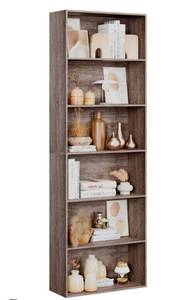 lot 34727 image: 6-Tier Open Bookcase and Bookshelf, Freestanding Display Storage Shelves Tall Bookcase for Bedroom, Living Room and Office, Oak - Retail $0